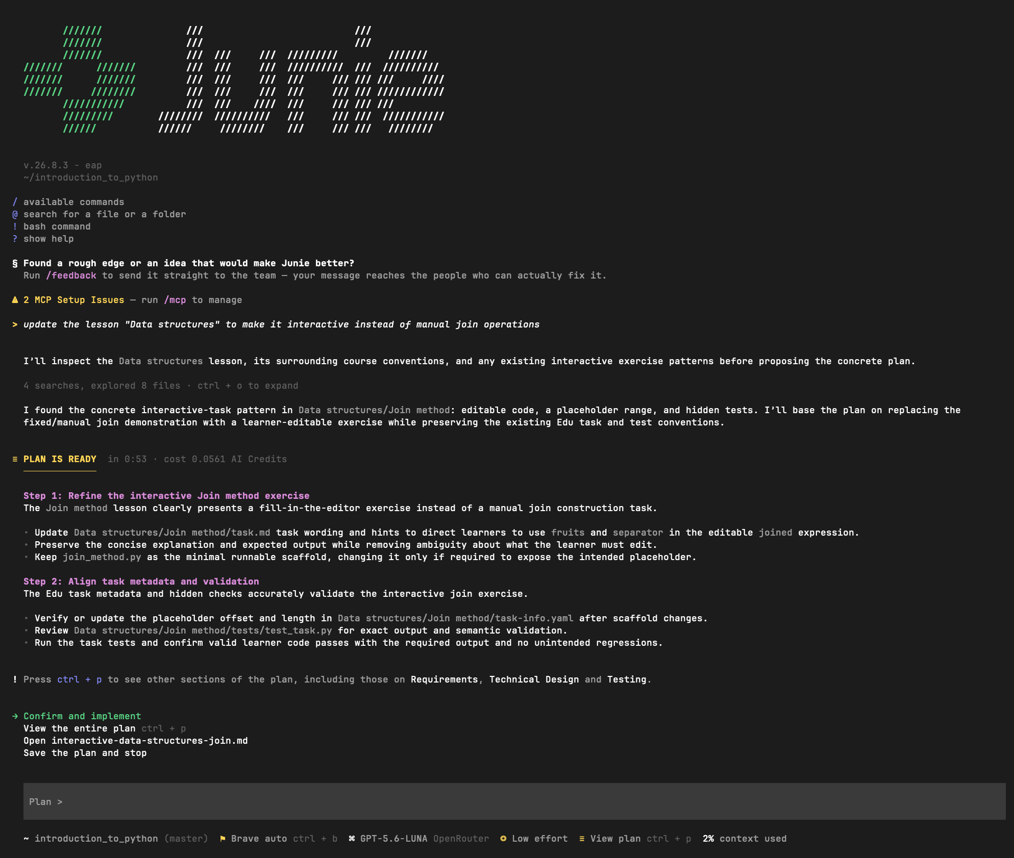 Junie CLI in Plan mode presenting a read-only, reviewable plan before any code is written.